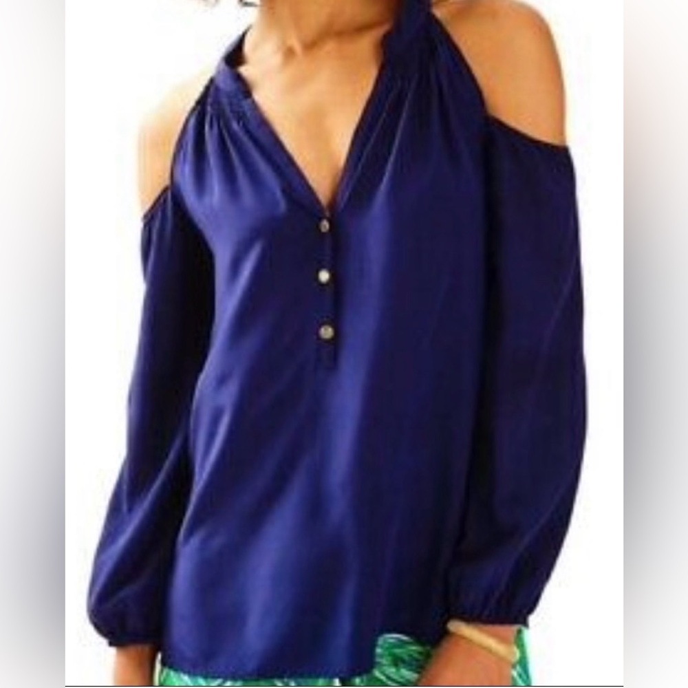 Lily Pulitzer silk navy blue cold shoulder long sleeve blouse